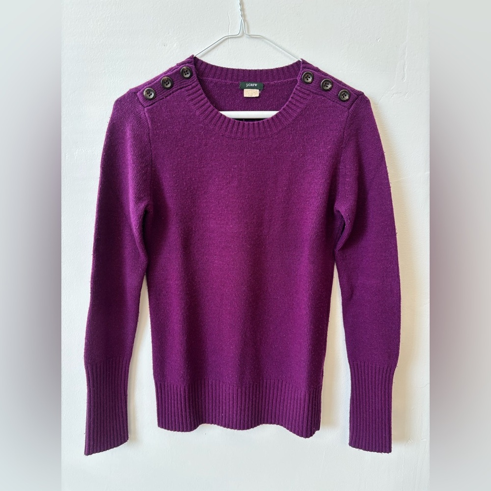 J. Crew Women's Purple Crewneck Wool Sweater with Shoulder Buttons